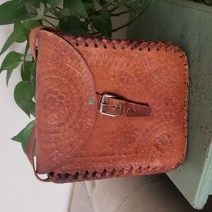 Vintage 60s Tooled Leather Saddle Bag